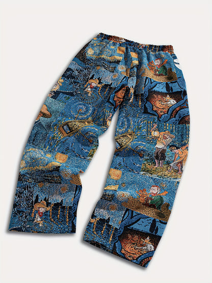 Men'S Casual Straight-Leg Pants with Drawstring Waist & Pockets - Non-Stretch Fabric, Loose Fit, All-Season Comfort, & Golden for galaxy Print
