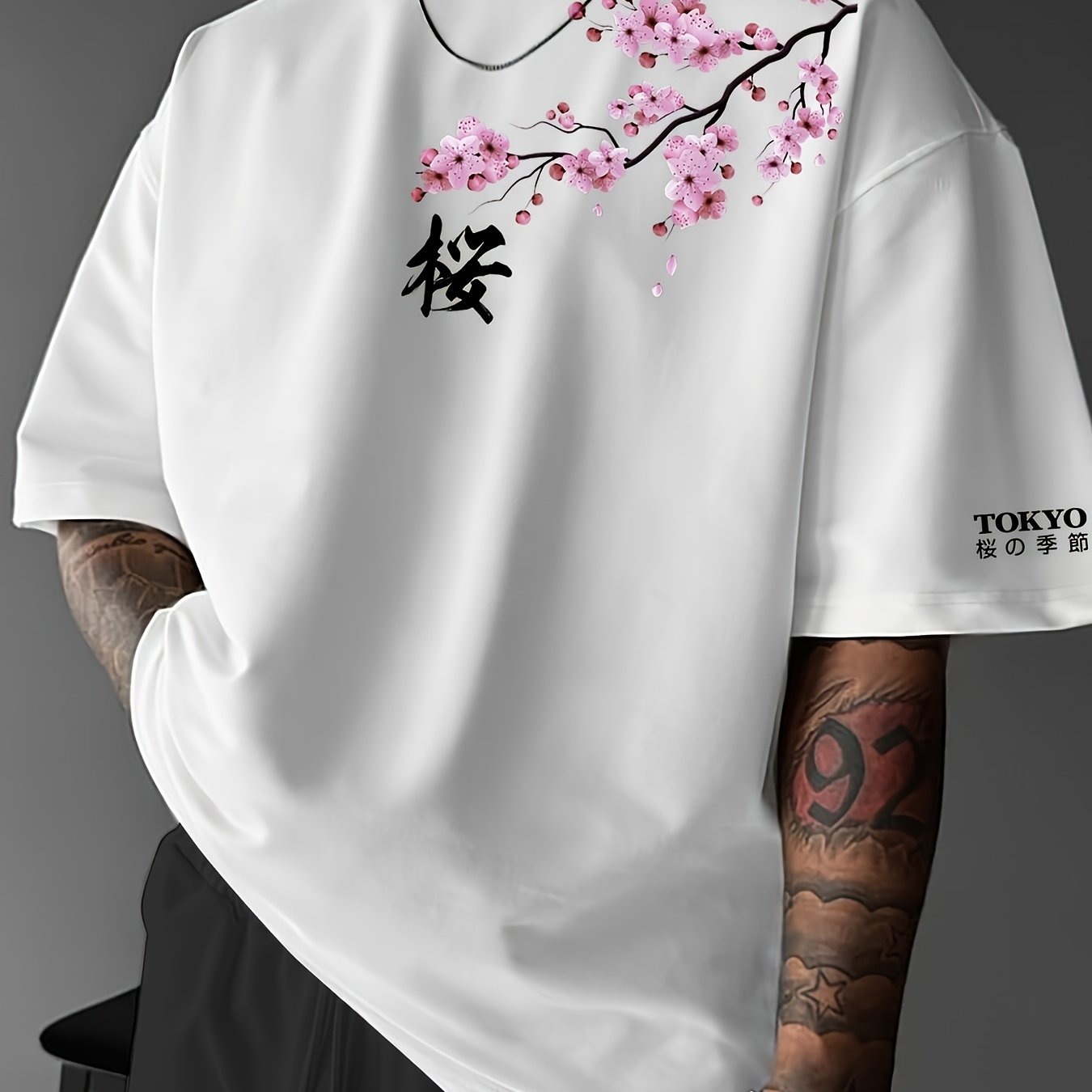 Cherry Blossoms, Japanese Elements, Men'S Fashion Print Street Casual Short-Sleeve T-Shirt, Comfortable Round-Neck Top for Spring And Summer