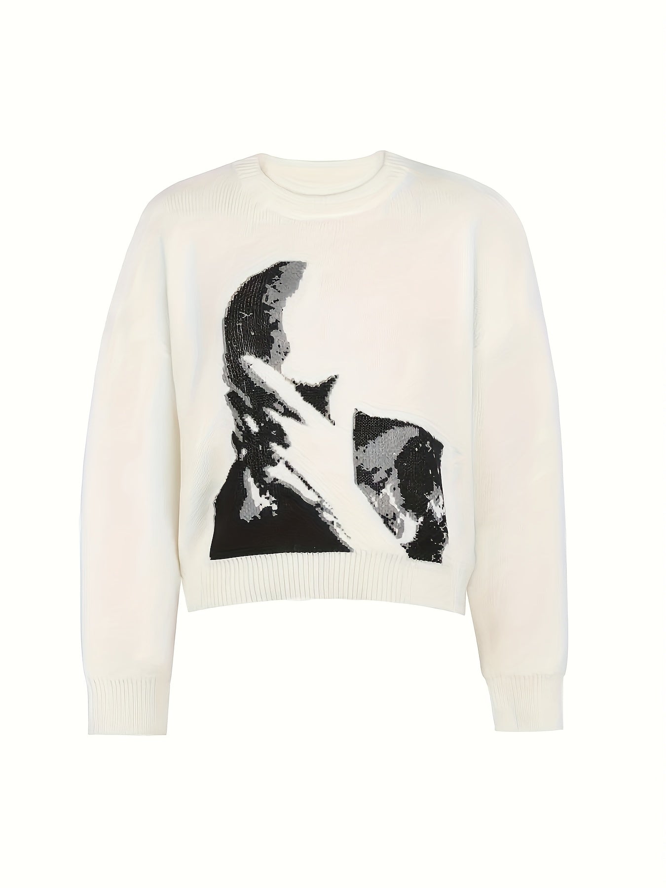 Women'S Halloween & Christmas Sweater - Black & White Face Graphic Pullover, Soft Everyday Sweater for Halloween Party Outfits, Christmas Gifts - Year-Round Casual Chic Sweater for Women, Holiday Sweater, Festive Attire, Geom