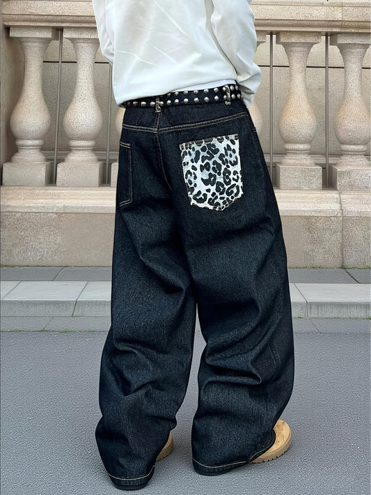 1pc Men' Vintage Wide- Black Pants with Leopard Print - Loose Fit Streetwear Style, Full-Length Pocket Jeans Suitable for - Wear (No Belt/Hanger Included)