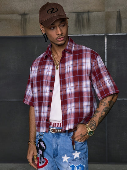 Men's Multi-Size Loose Fit Lapel Short Sleeve Printed Patchwork Casual Shirt