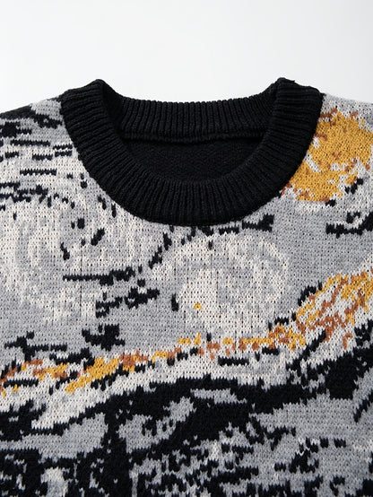 New Autumn And Winter Men'S Casual Loose-Fitting Sweater Featuring a Easy Van Gogh-Inspired Sunflower And Starry Sky Oil Painting Design with a Vintage Knit Long Sleeve And Round Neck