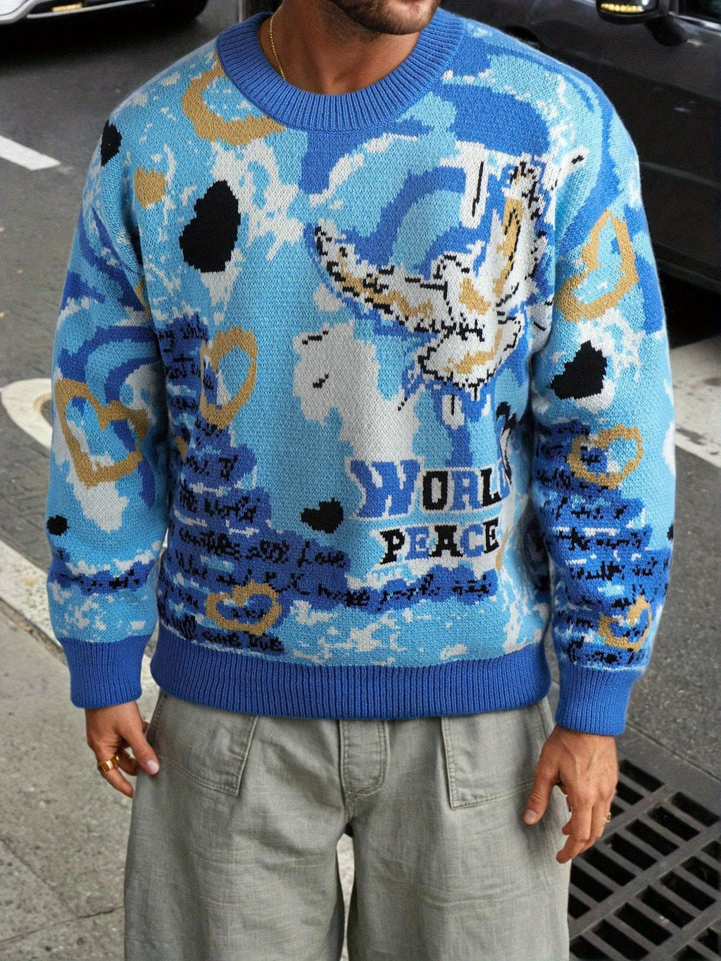 Pull unisexe à manches longues et col rond, style peinture à l'huile, imprimé lettres, cœurs et aigles, collection printemps-automne-hiver. Coupe ample et décontractée.