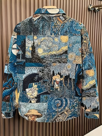 Woven Jacquard Vintage Men'S American Style Van Gogh Oil Painting Long Sleeve Shirt for Art Students