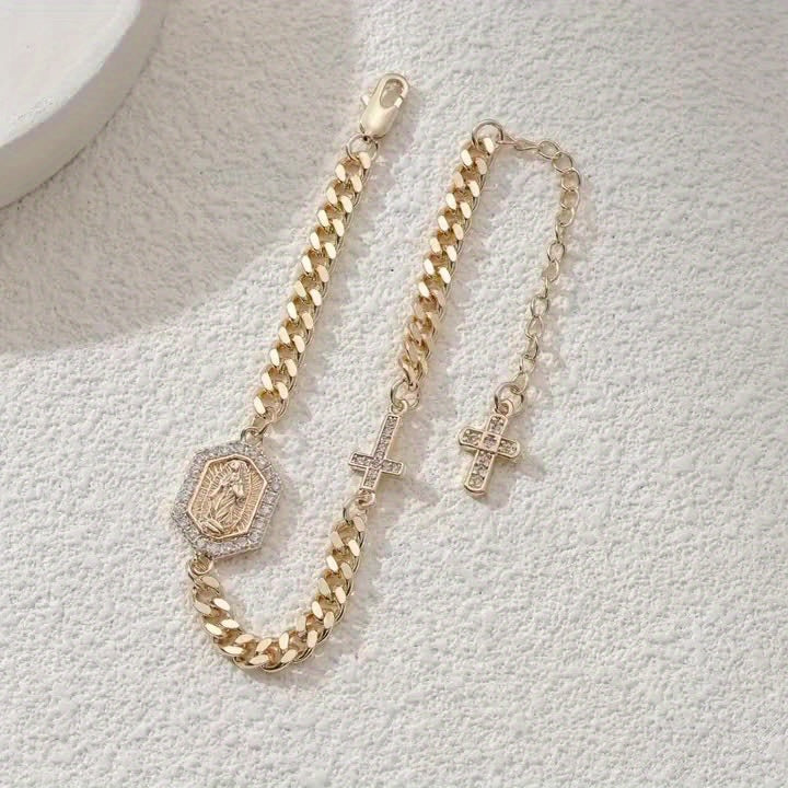 Vintage And Elegant 14K Gold-Plated Religious Bracelet Inlaid with Cubic Zirconia, Unisex Fashion Jewelry, Suitable for Daily Prayer, Self-Salvation Meditation. Daily Wear, Gifts, Parties, Christmas, Halloween, Jewelry Additi