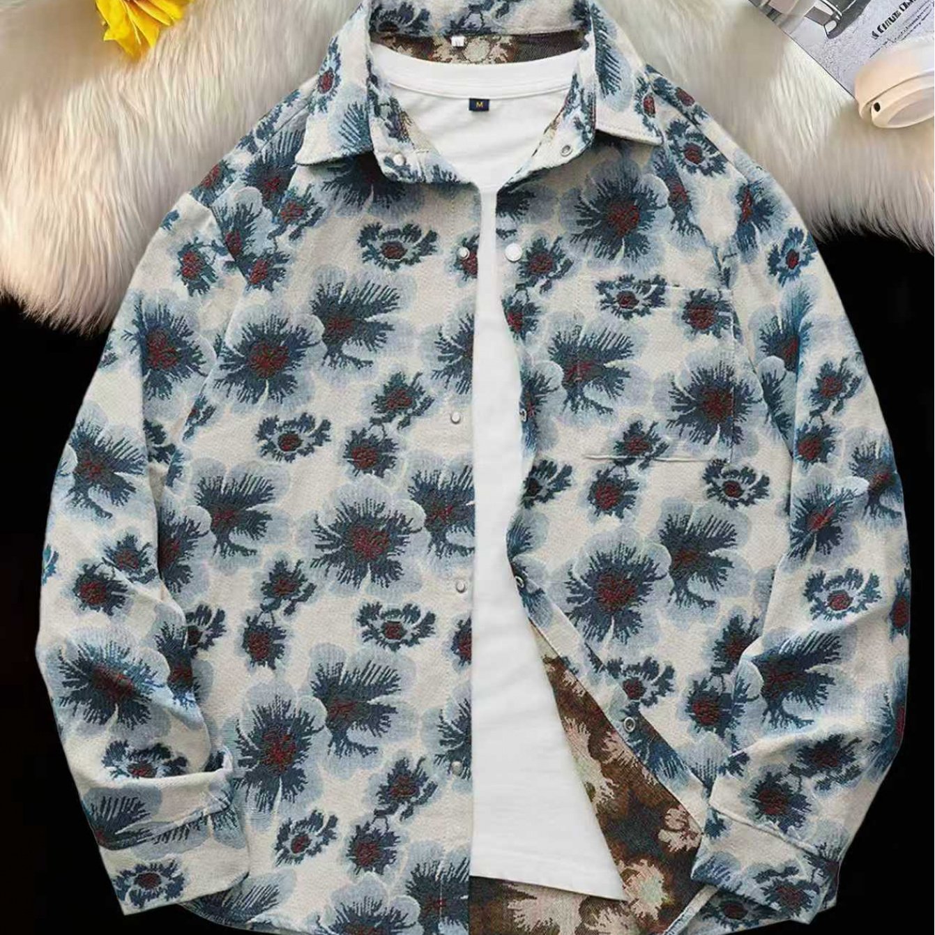 Men'S Vintage American Style Woven Bear Shirt Jacket, High-End Trendy Casual Shirt for Autumn