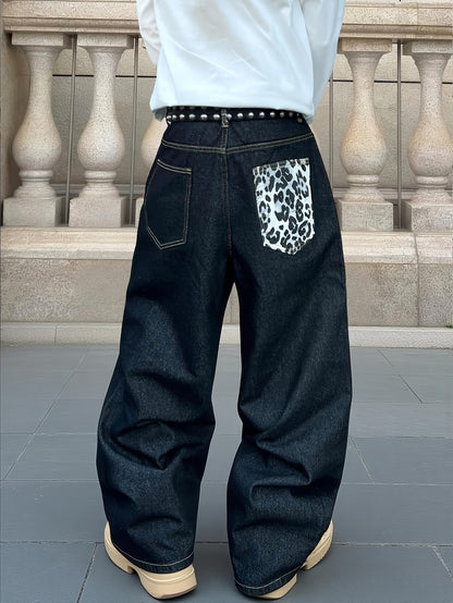 1pc Men' Vintage Wide- Black Pants with Leopard Print - Loose Fit Streetwear Style, Full-Length Pocket Jeans Suitable for - Wear (No Belt/Hanger Included)