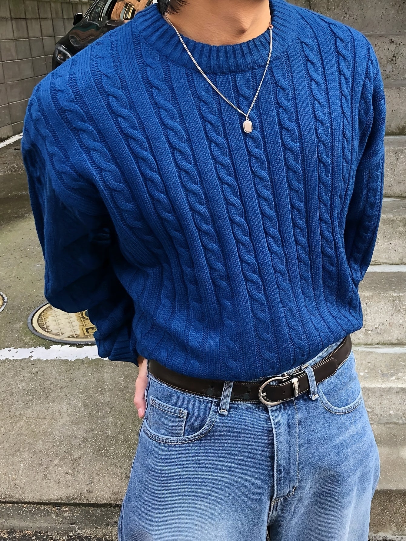 Autumn/Winter Unisex Street Style Drawstring Cable Knit Twisted Pattern Couple's Knit Sweater, Casual Loose Fit Crew Neck Fashion Drop Shoulder Long Sleeve Pullover Top