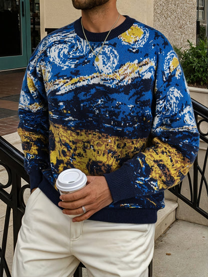 New Autumn And Winter Men'S Casual Loose-Fitting Sweater Featuring a Easy Van Gogh-Inspired Sunflower And Starry Sky Oil Painting Design with a Vintage Knit Long Sleeve And Round Neck