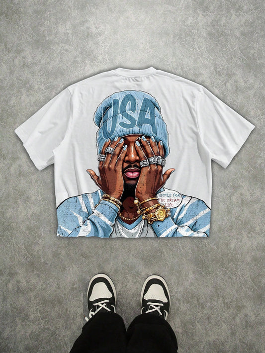 T-shirt de homem casual de manga curta branca, t-shirt de homem com estampado digital 3D, t-shirt streetwear estilo hip hop com estampado de rapper, t-shirt de homem de manga curta, t-shirt de homem casual de gola redonda e manga curta.