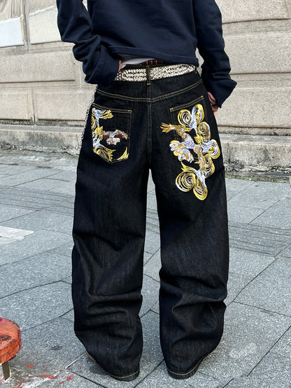 1pc American Vintage Heavy-Duty Golden Embroidered Loose Denim Jeans | Street Hip-Hop Fashion, Non-Stretch Fabric, Regular Length, All-Season, Pocket Details, Belt Not Included