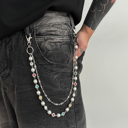 1pc Denim Chain Small Flower Chain Hip-Hop Niche Colorful Rhinestones Spliced Waist Chain Pendant Streetwear