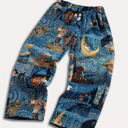 Men'S Casual Straight-Leg Pants with Drawstring Waist & Pockets - Non-Stretch Fabric, Loose Fit, All-Season Comfort, & Golden for galaxy Print
