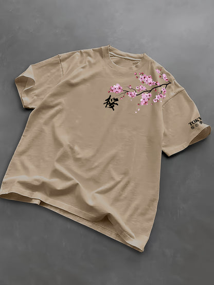 Cherry Blossoms, Japanese Elements, Men'S Fashion Print Street Casual Short-Sleeve T-Shirt, Comfortable Round-Neck Top for Spring And Summer