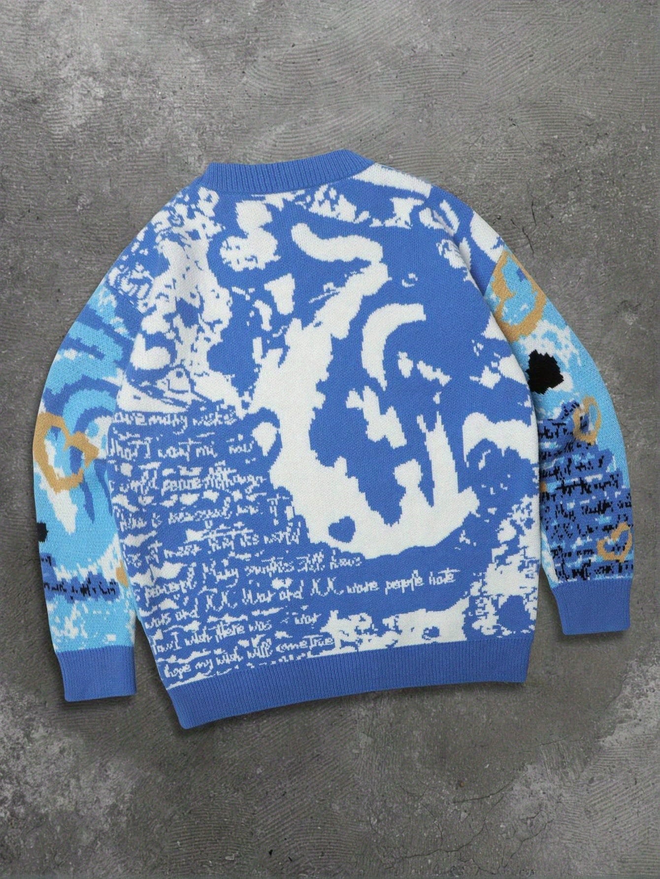 Camisola de homem de manga comprida com gola redonda, estampado artístico de letras, corações e águias, estilo pintura a óleo, para a primavera, outono e inverno. Modelo unissexo casual e largo.