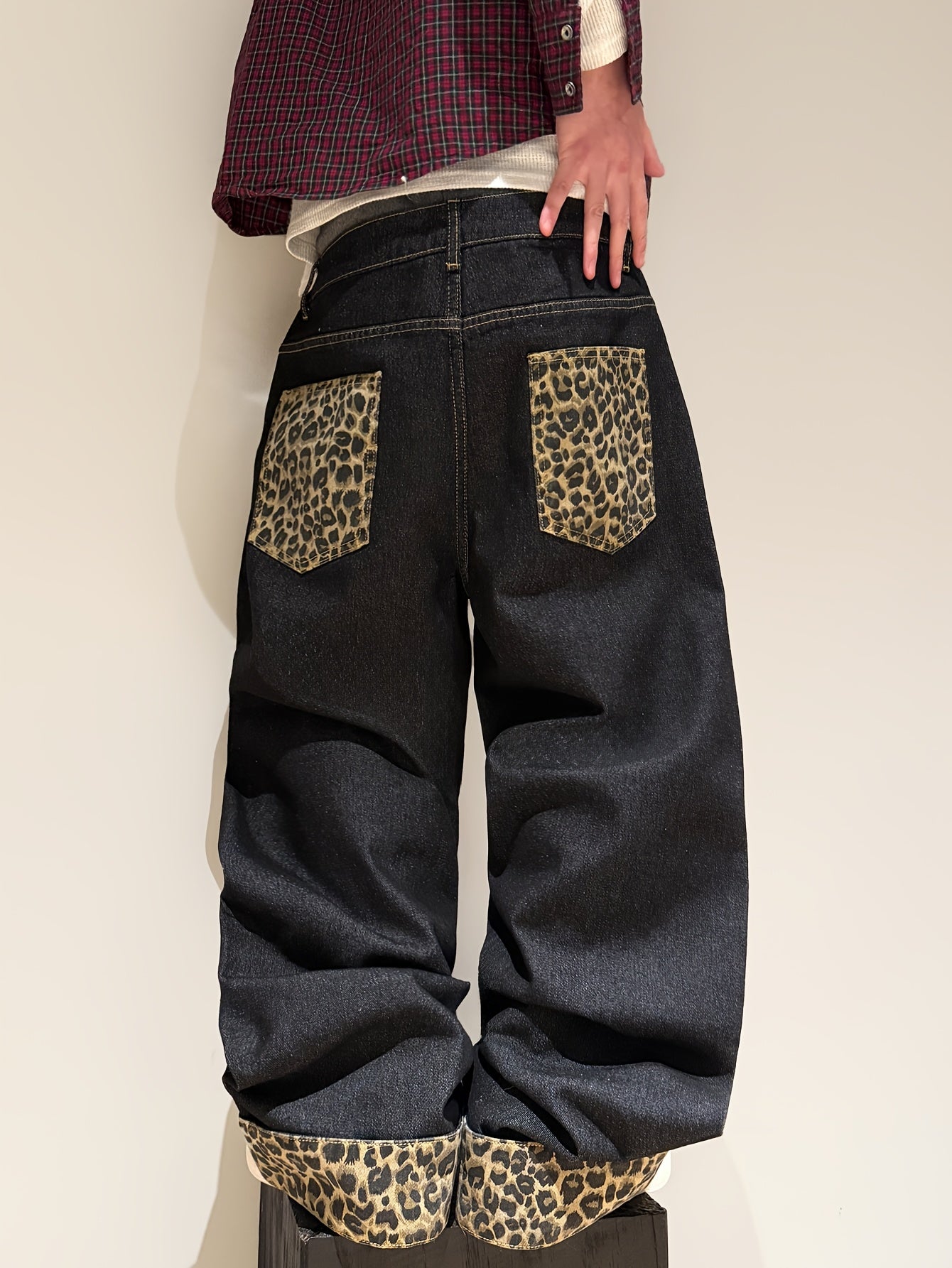 American Retro Style Leopard Print Cuffed Loose Denim Pants, Trendy Streetwear Black Wide-Leg Trousers for Men (Belt And Additions Not Included)