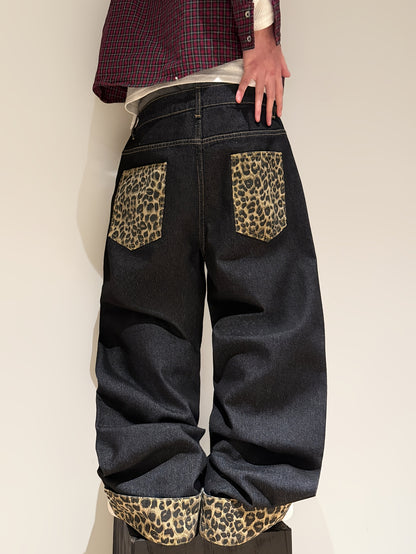 American Retro Style Leopard Print Cuffed Loose Denim Pants, Trendy Streetwear Black Wide-Leg Trousers for Men (Belt And Additions Not Included)