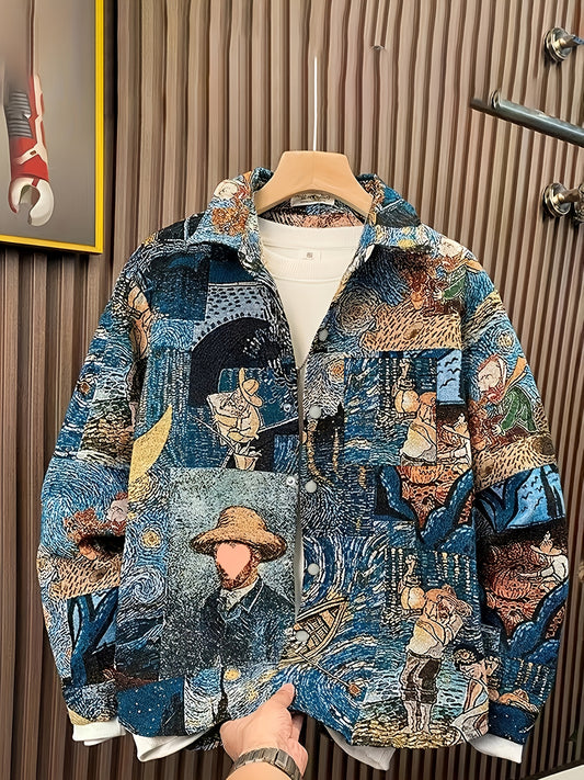 Woven Jacquard Vintage Men'S American Style Van Gogh Oil Painting Long Sleeve Shirt for Art Students