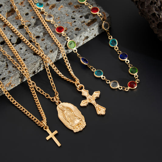 Set of 4, Trendy And Unique Hip-Hop Cross Necklace, Adorned with Multicolored Synthetic Crystals, Perfect for Men'S Casual Party Additions, Couple'S Jewelry, And Holiday Gifts