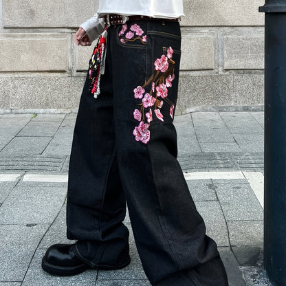 1pc American Vintage Heavy-Duty Plum Blossom Embroidered Loose Denim Jeans | Street Fashion, Unisex, Black, Non-Stretch Fabric, Regular Length, Pocket Details, All-Season