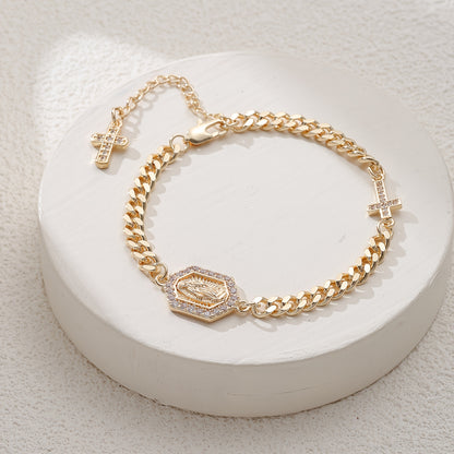 Vintage And Elegant 14K Gold-Plated Religious Bracelet Inlaid with Cubic Zirconia, Unisex Fashion Jewelry, Suitable for Daily Prayer, Self-Salvation Meditation. Daily Wear, Gifts, Parties, Christmas, Halloween, Jewelry Additi