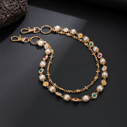 1pc Denim Chain Small Flower Chain Hip-Hop Niche Colorful Rhinestones Spliced Waist Chain Pendant Streetwear