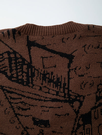 Men'S Vintage Oil Painting Mona Lisa Pattern Casual Loose Knit Cardigan | V-neck, Long Sleeve, Fall/Winter, ANDREILEE