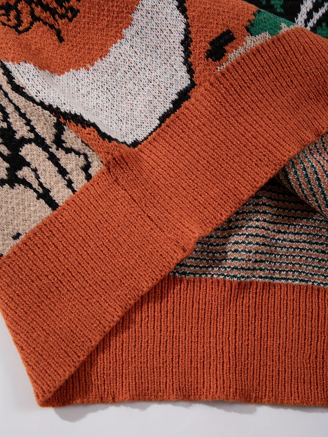 Men'S & Women'S Casual Loose-Fit Long Sleeve Pullover Sweater - Vibrant Orange, Green, & Geometric Pattern, Round Neck, Ribbed Cuffs, Perfect for Spring/Fall, Versatile for Casual Attire, Spring Fall Apparel | Vibrant Pattern