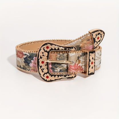 1pc Western-style Carved 3pcs Set with Floral Button-down, Embroidered Mesh Pattern, Women's Denim for Daily Outings and Banquet Dresses, Paired with a Men's Belt