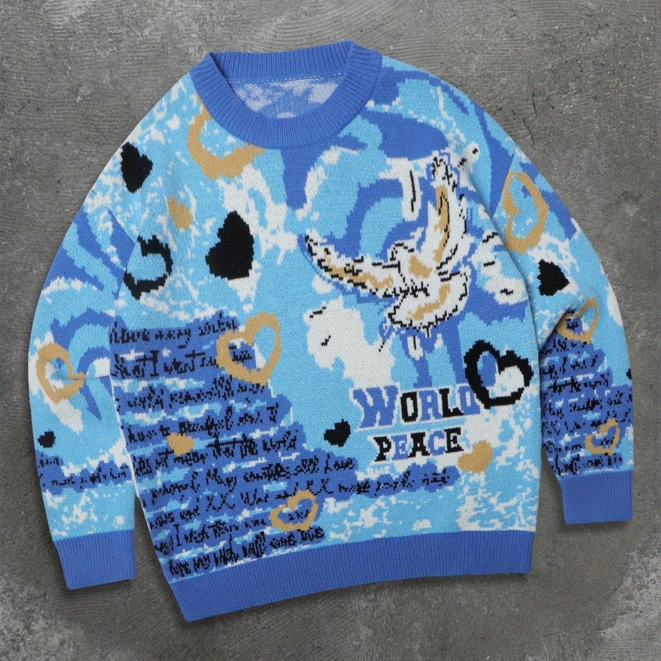 Pull unisexe à manches longues et col rond, style peinture à l'huile, imprimé lettres, cœurs et aigles, collection printemps-automne-hiver. Coupe ample et décontractée.