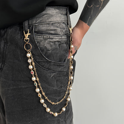 1pc Denim Chain Small Flower Chain Hip-Hop Niche Colorful Rhinestones Spliced Waist Chain Pendant Streetwear