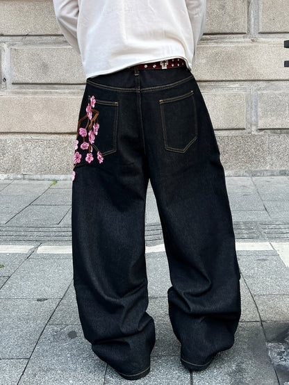 1pc American Vintage Heavy-Duty Plum Blossom Embroidered Loose Denim Jeans | Street Fashion, Unisex, Black, Non-Stretch Fabric, Regular Length, Pocket Details, All-Season