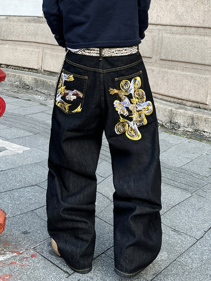 1pc American Vintage Heavy-Duty Golden Embroidered Loose Denim Jeans | Street Hip-Hop Fashion, Non-Stretch Fabric, Regular Length, All-Season, Pocket Details, Belt Not Included