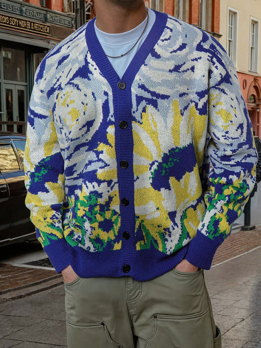 New Men'S And Women'S Unisex Casual Commuting Style Sweater Featuring an Abstract Van Gogh Oil Painting Pattern, with a Knitted Long-Sleeve Cardigan Design
