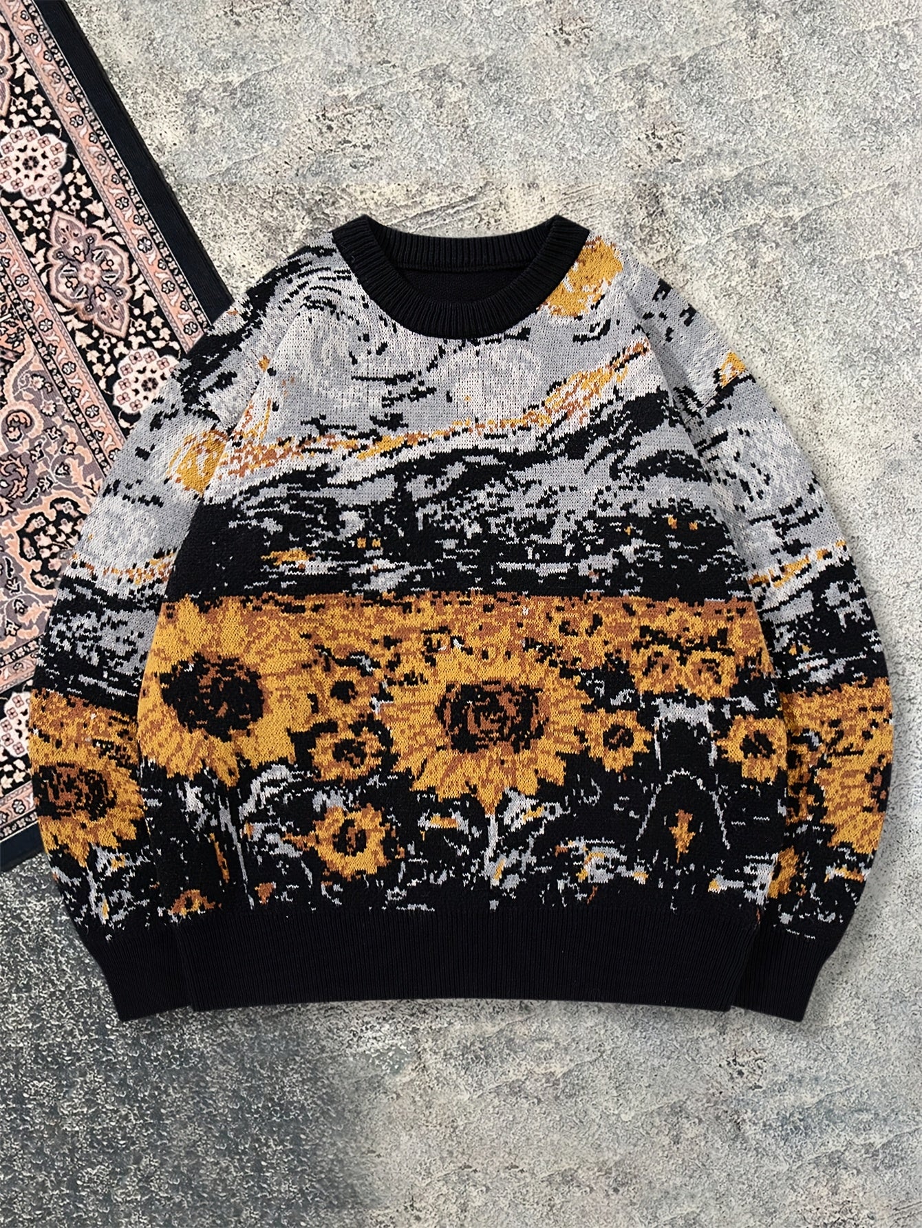 New Autumn And Winter Men'S Casual Loose-Fitting Sweater Featuring a Easy Van Gogh-Inspired Sunflower And Starry Sky Oil Painting Design with a Vintage Knit Long Sleeve And Round Neck