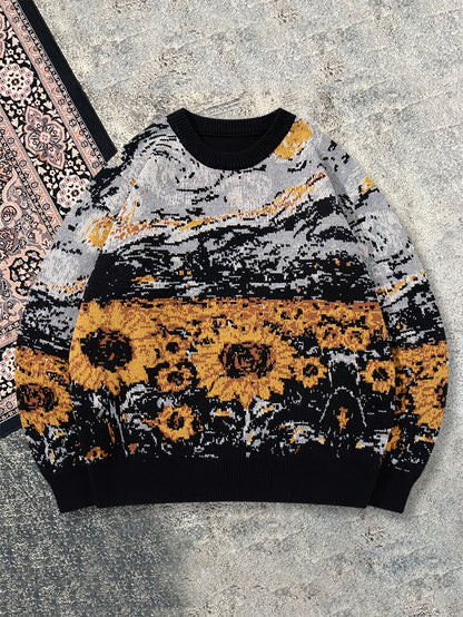 New Autumn And Winter Men'S Casual Loose-Fitting Sweater Featuring a Easy Van Gogh-Inspired Sunflower And Starry Sky Oil Painting Design with a Vintage Knit Long Sleeve And Round Neck