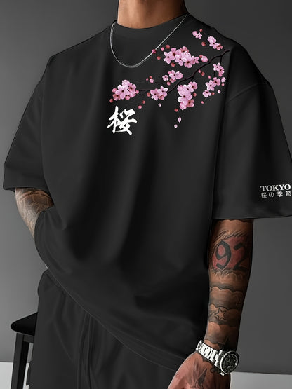 Cherry Blossoms, Japanese Elements, Men'S Fashion Print Street Casual Short-Sleeve T-Shirt, Comfortable Round-Neck Top for Spring And Summer