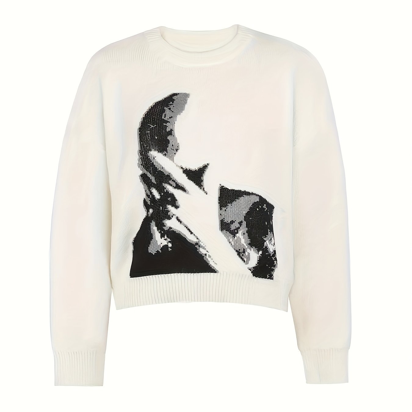 Women'S Halloween & Christmas Sweater - Black & White Face Graphic Pullover, Soft Everyday Sweater for Halloween Party Outfits, Christmas Gifts - Year-Round Casual Chic Sweater for Women, Holiday Sweater, Festive Attire, Geom