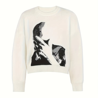 Women'S Halloween & Christmas Sweater - Black & White Face Graphic Pullover, Soft Everyday Sweater for Halloween Party Outfits, Christmas Gifts - Year-Round Casual Chic Sweater for Women, Holiday Sweater, Festive Attire, Geom