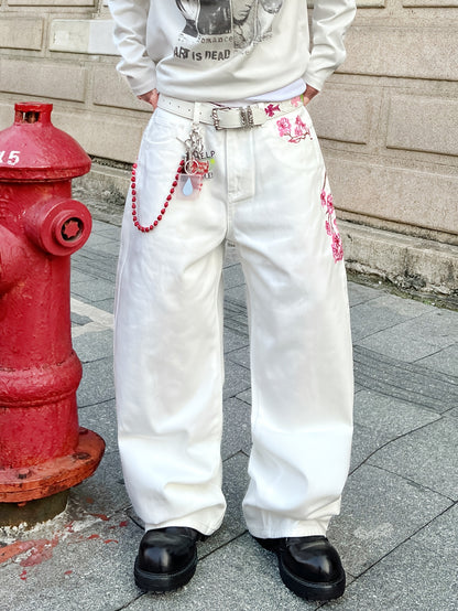 1 Pair of Men's White Loose-fit Denim Jeans, Featuring Artistic Plum Blossom Embroidery and a Workwear-inspired Relaxed Straight-leg Vintage Casual Trouser. Y2K Hip-hop American-style Fashion Denim Pants, Versatile Wide-leg A
